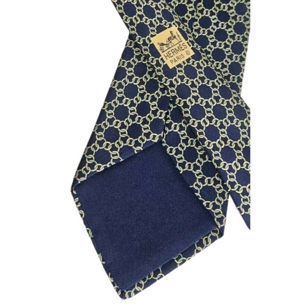 HERMÈS Men's 100% Silk Necktie LUXURY Tie 7422 HA Blue Chain W:3.6" EUC - Picture 4 of 4